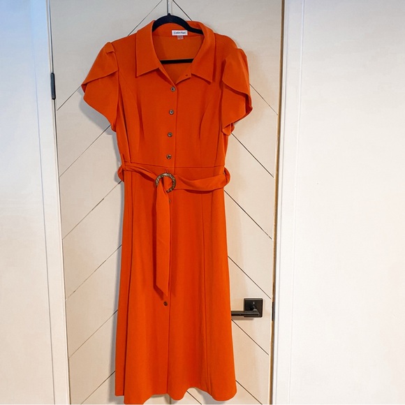 Calvin Klein Orange Button-Down Midi Dress Tulip Sleeves Size 14 - Picture 2 of 7